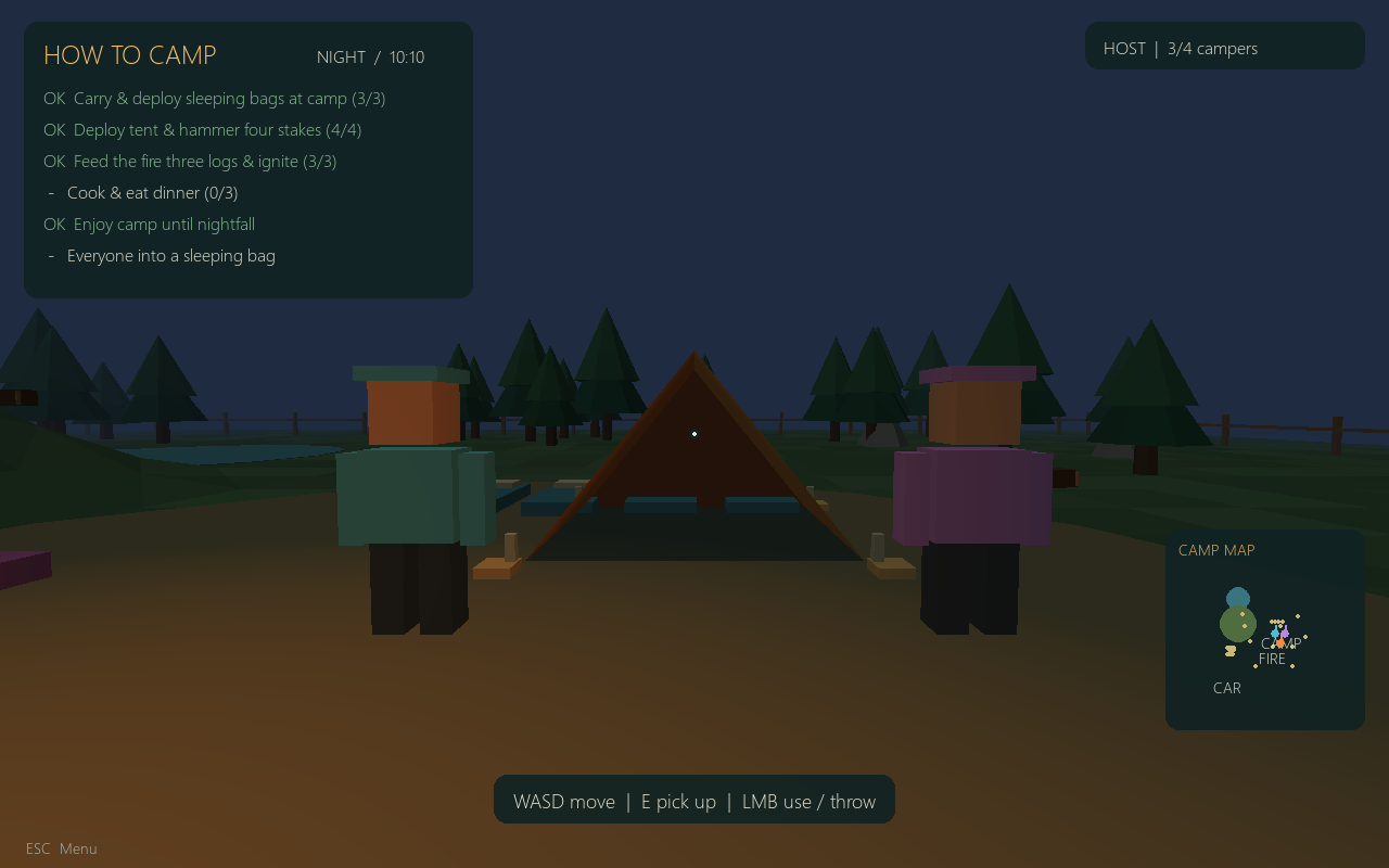 How to Camp gameplay: two campers standing beside their tent at night