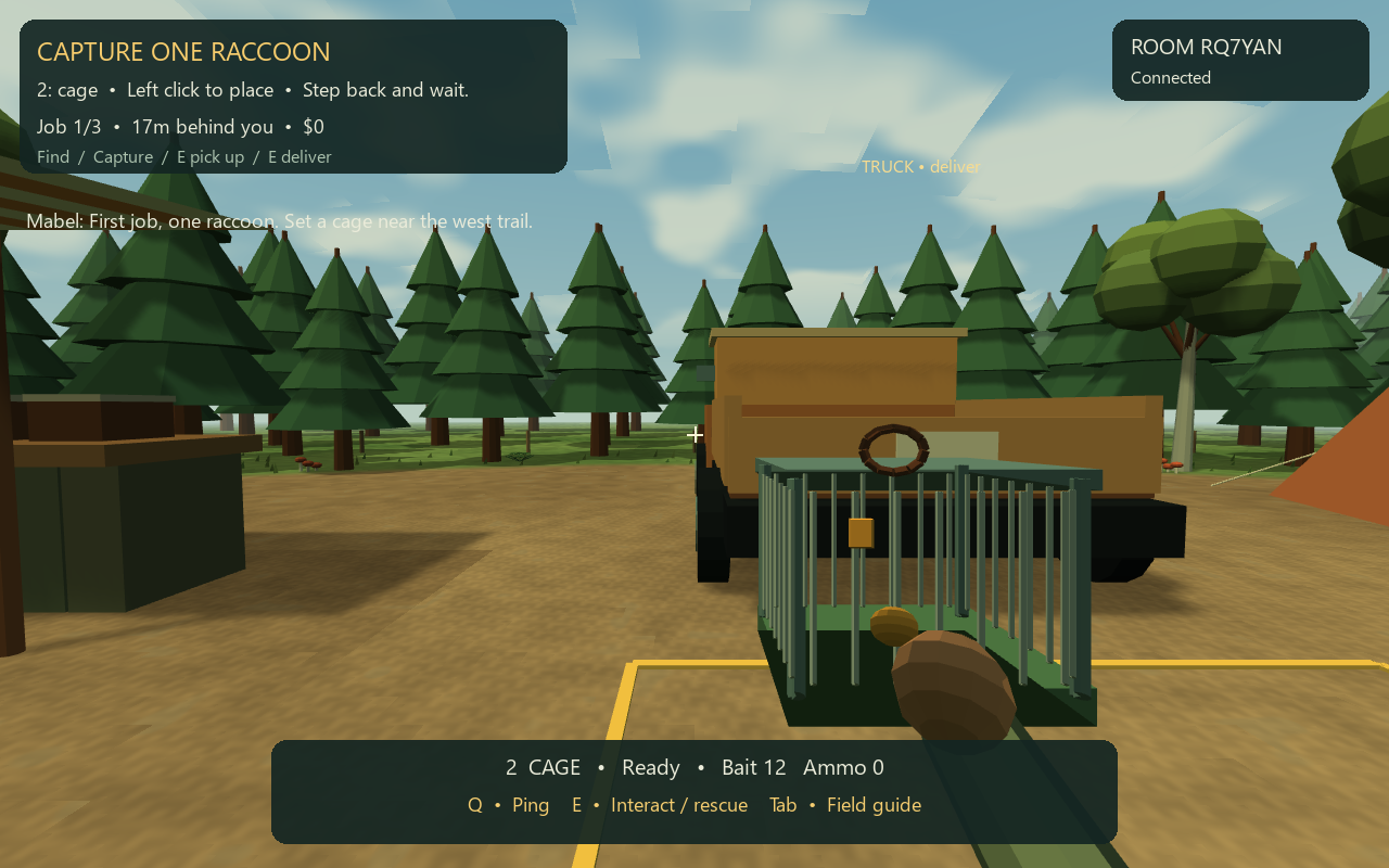 How to Hunt gameplay: a raccoon in a cage at a woodland camp